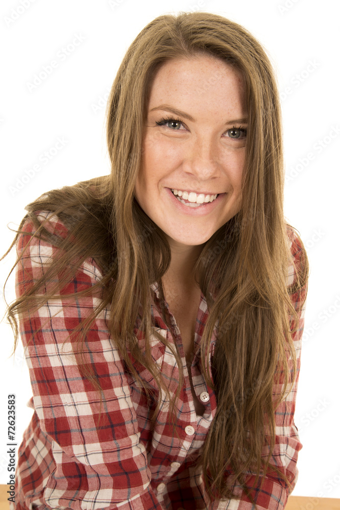 woman close red plaid shirt big smile woman close red plaid shirt big smile