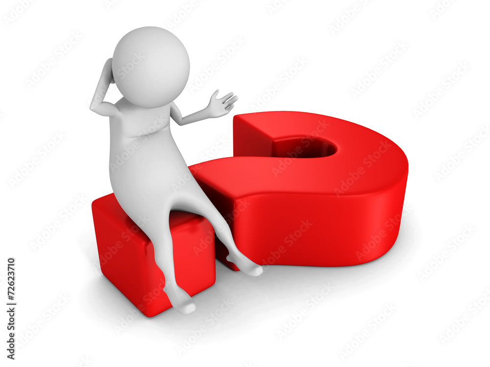 white 3d man sitting on big red question mark white 3d man sitting on big red question mark