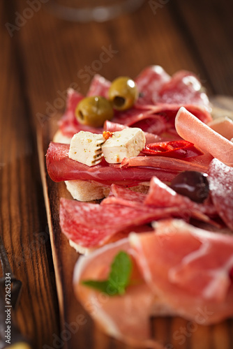 antipasti Platter of Cured Meat, jamon, olives, sausage, salam