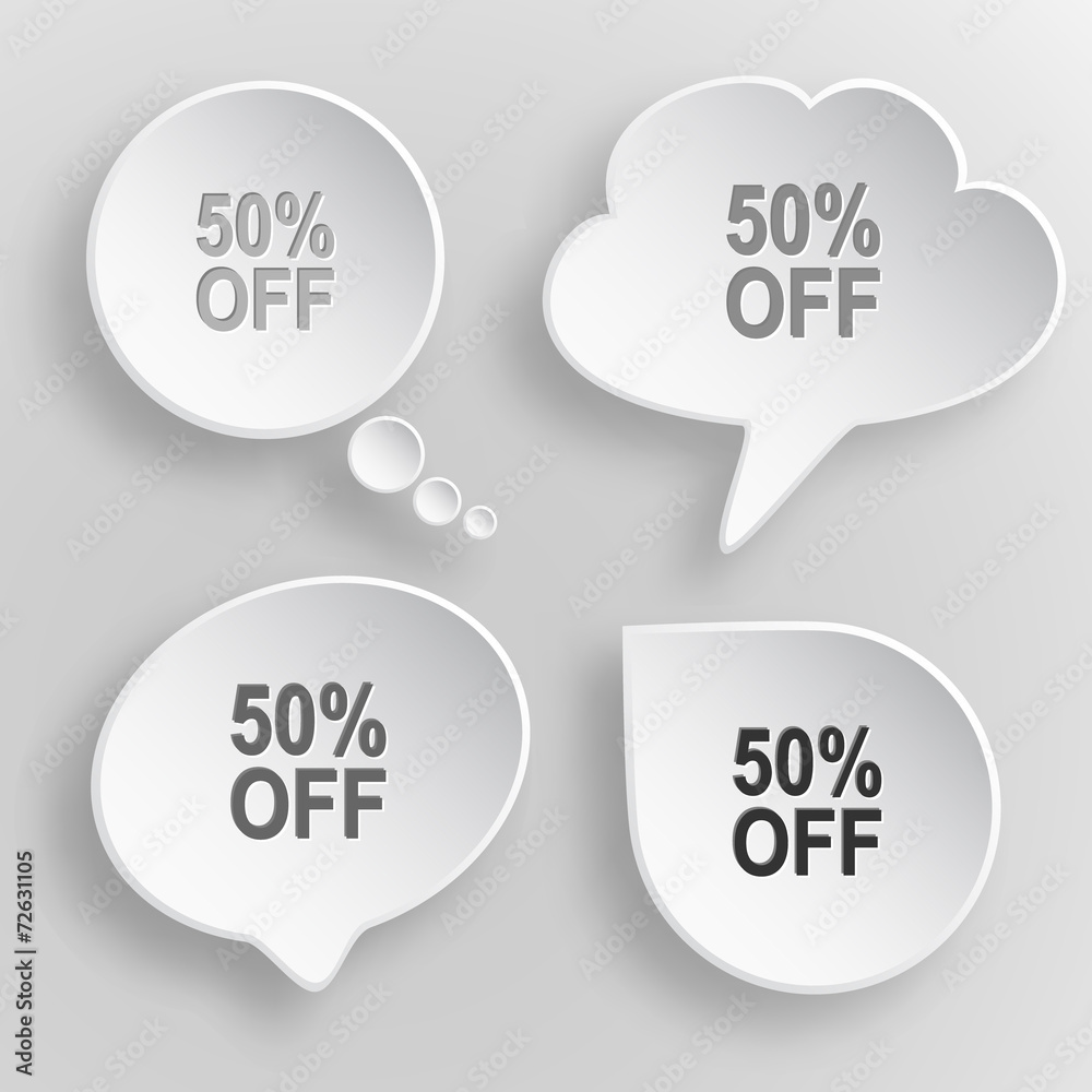 50% OFF. White flat vector buttons on gray background. 50% OFF. White flat vector buttons on gray background.