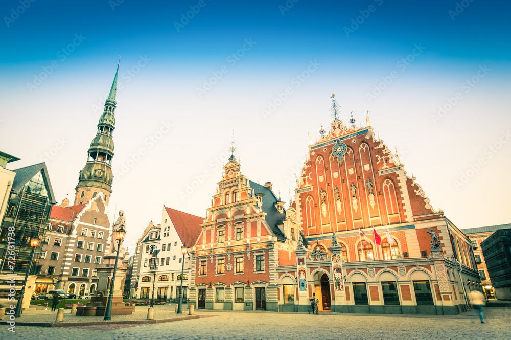 Vintage retro postcard of Town Hall Square in Riga Latvia