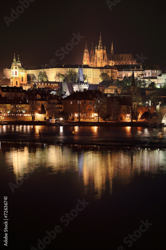 Night Prague gothic Castle with Charles Bridge, Czech Republic