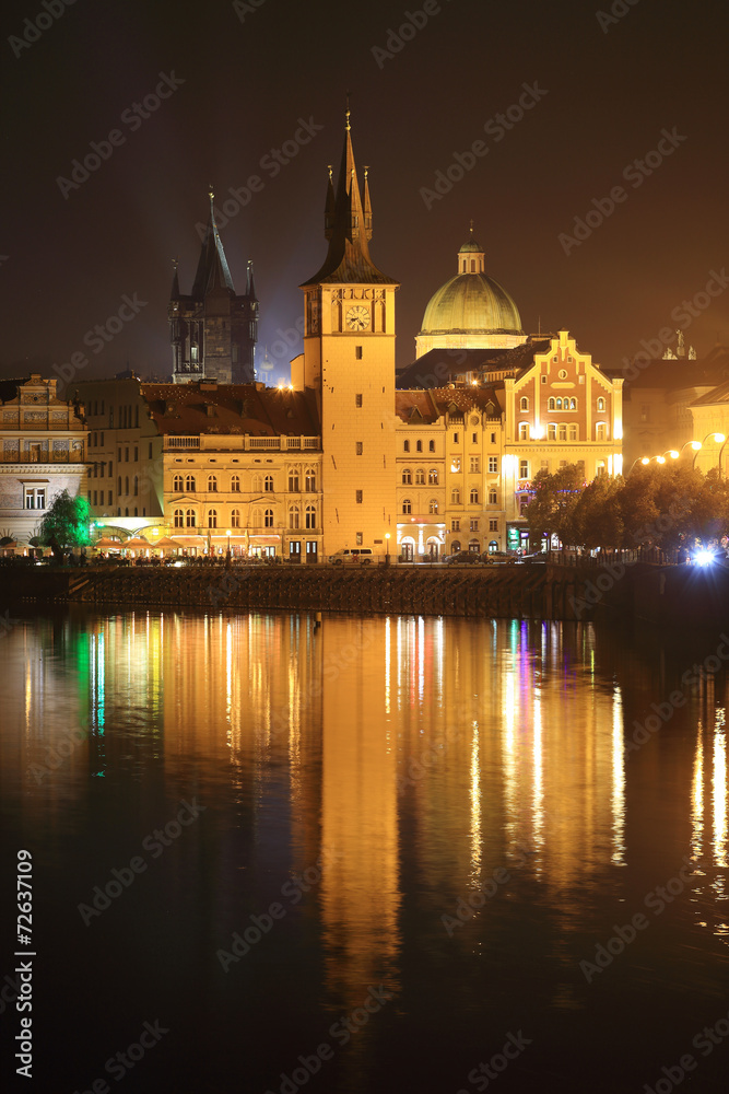 The night View on bright Prague Old Town above the River Vltava
