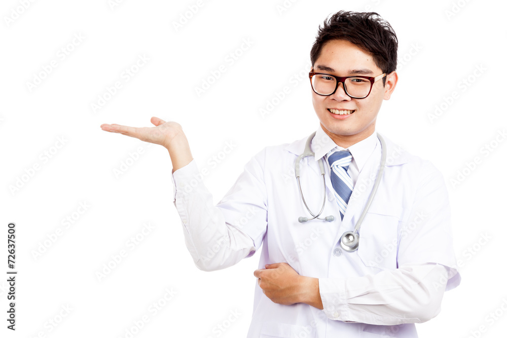 Asian male doctor show copy space with his palm hand Asian male doctor show copy space with his palm hand