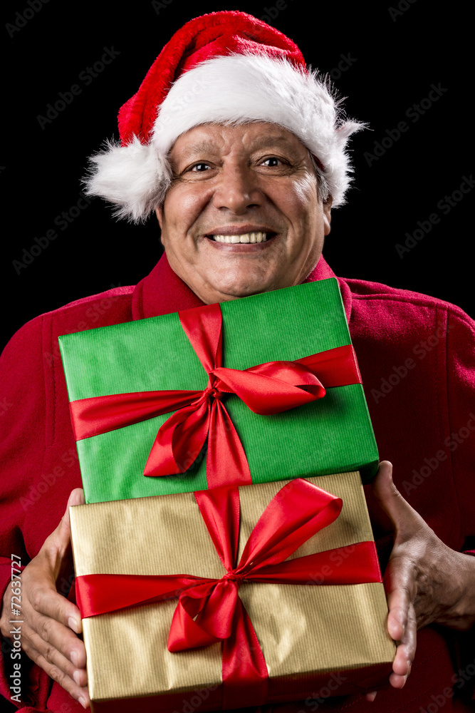 Jolly Male Pensioner In Red With Two Wrapped Gifts Jolly Male Pensioner In Red With Two Wrapped Gifts