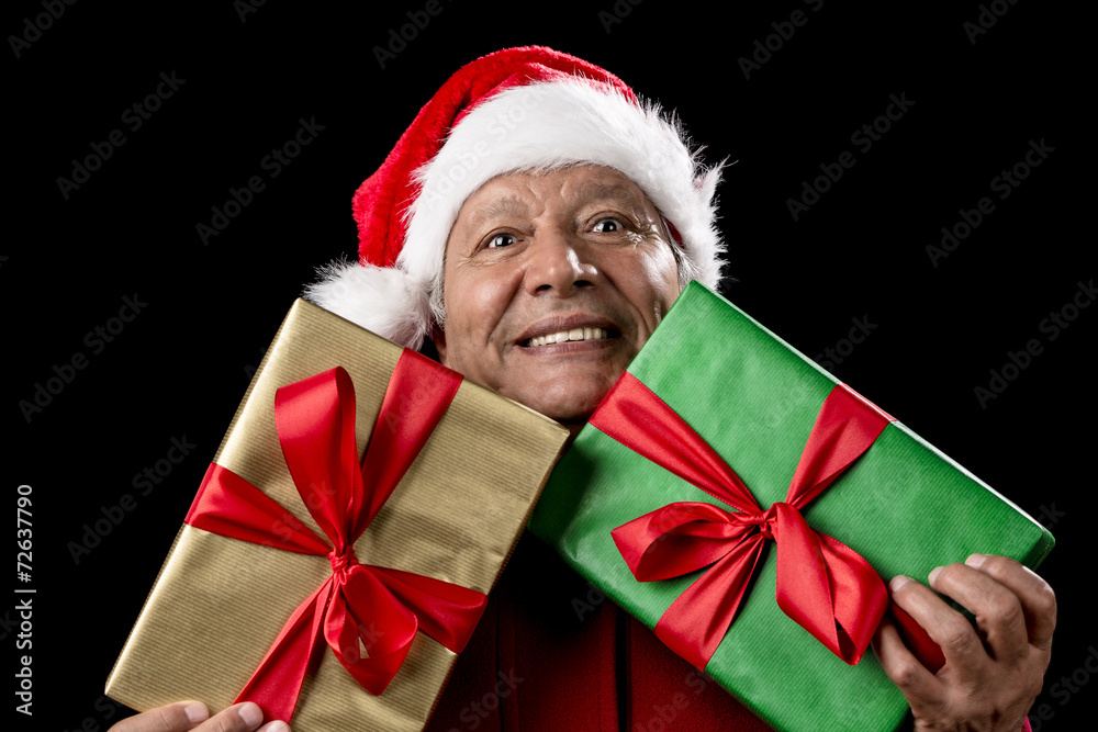 Old Man In Red Gaping Across Two Wrapped Gifts
