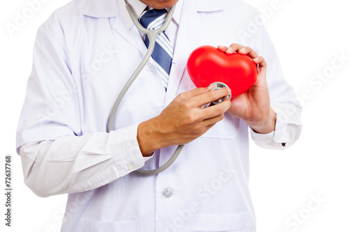 Asian male doctor with red heart and stethoscope