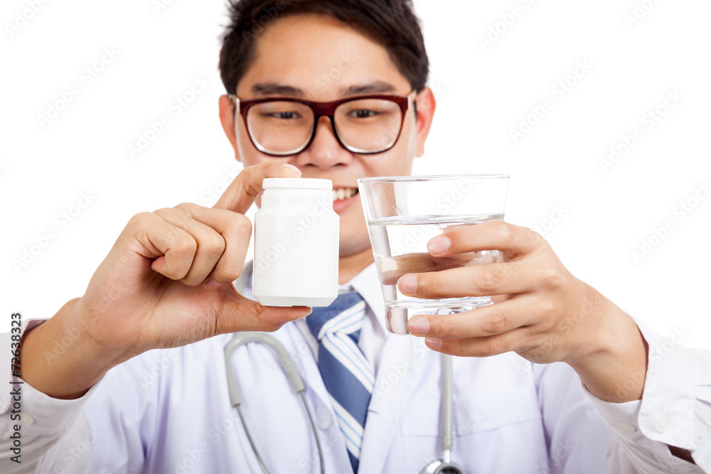 Asian male doctor with pharmacy bottle and water Asian male doctor with pharmacy bottle and water