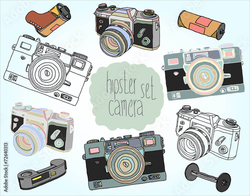 Hand drawn vector illustrations. Set of photo cameras