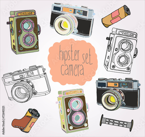 Hand drawn vector illustrations. Set of photo cameras