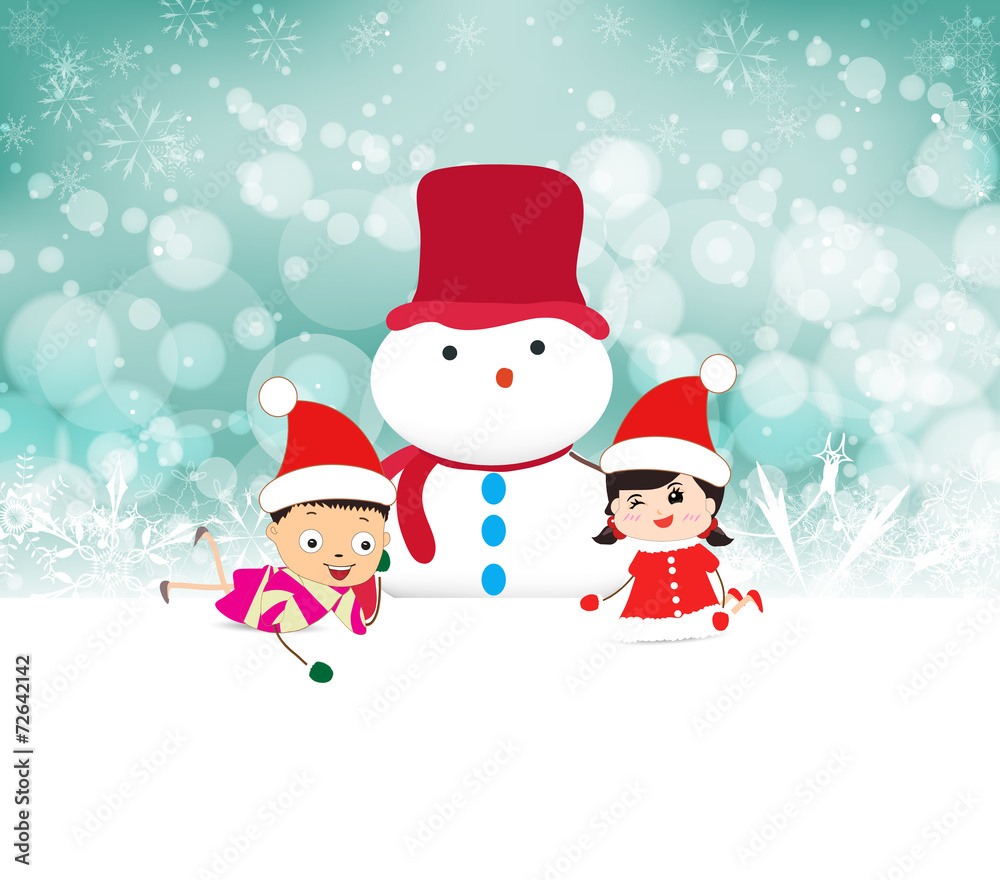 kids and snowman background with snowflakes