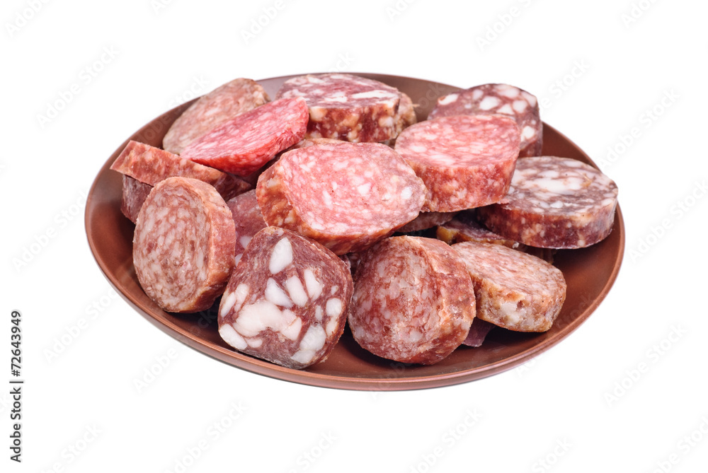 sausage sliced in brown plate isolated on white