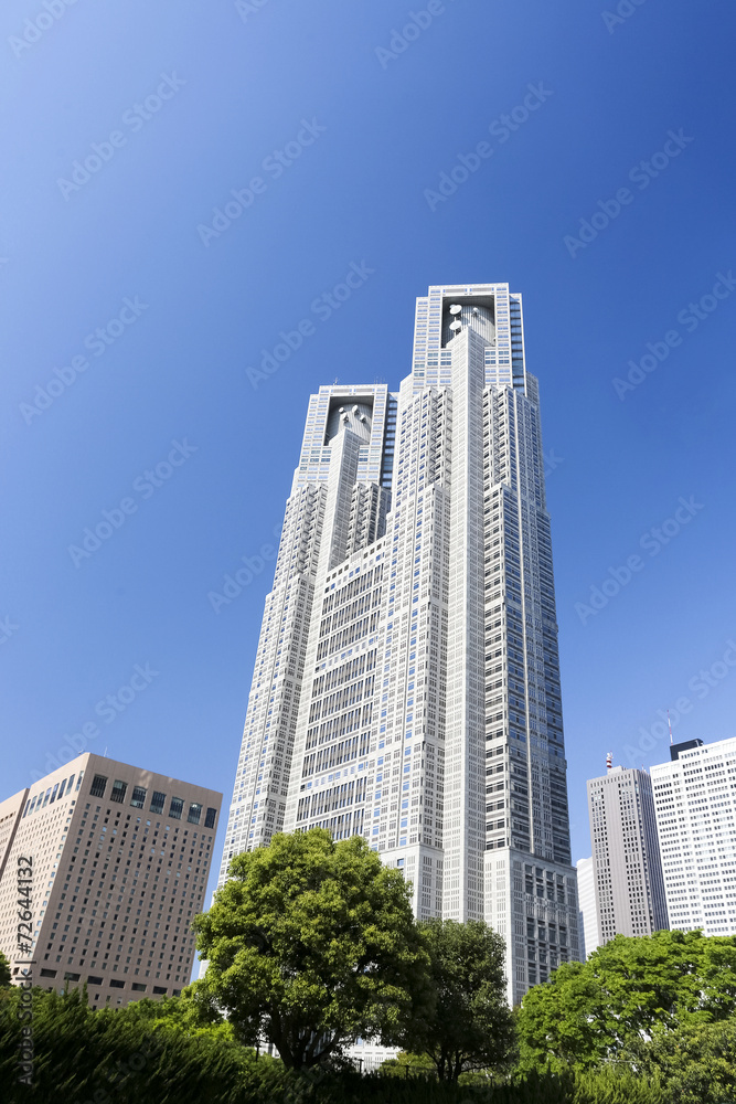 Fototapeta premium 快晴青空と緑の東京都庁を見上げる
