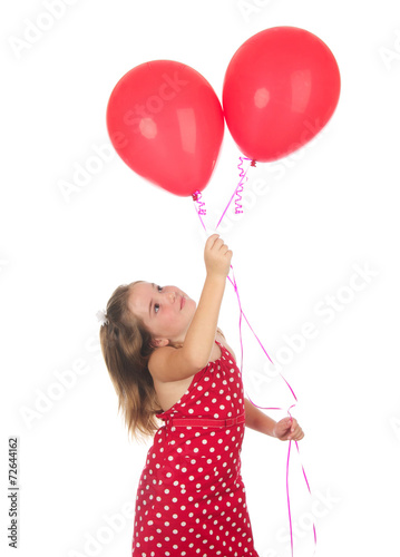 Little Girl holding Red Balloons on a White Background