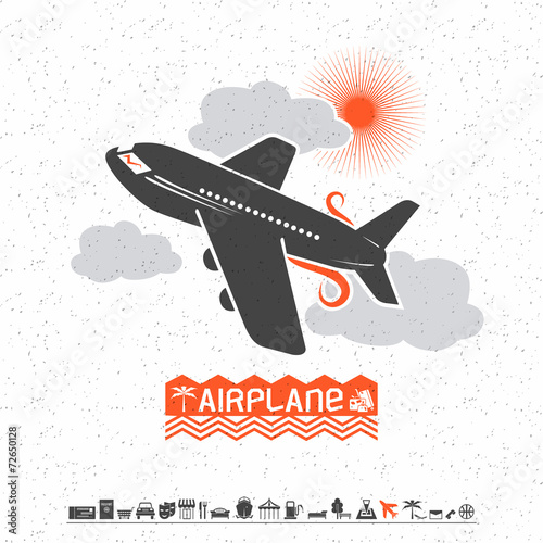Airplane in the clouds and travel icons
