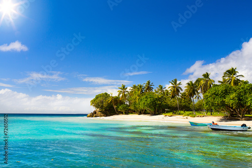 Fototapeta Naklejka Na Ścianę i Meble -  Art Caribbean beach with fishing boat