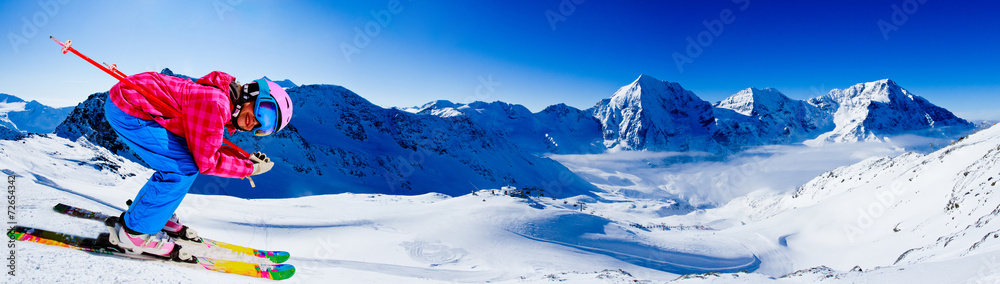 Skiing, winter sport - skier on mountainside - obrazy, fototapety, plakaty 