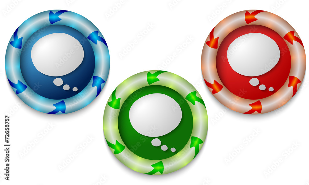 Three icons with color back light and speech bubble Three icons with color back light and speech bubble