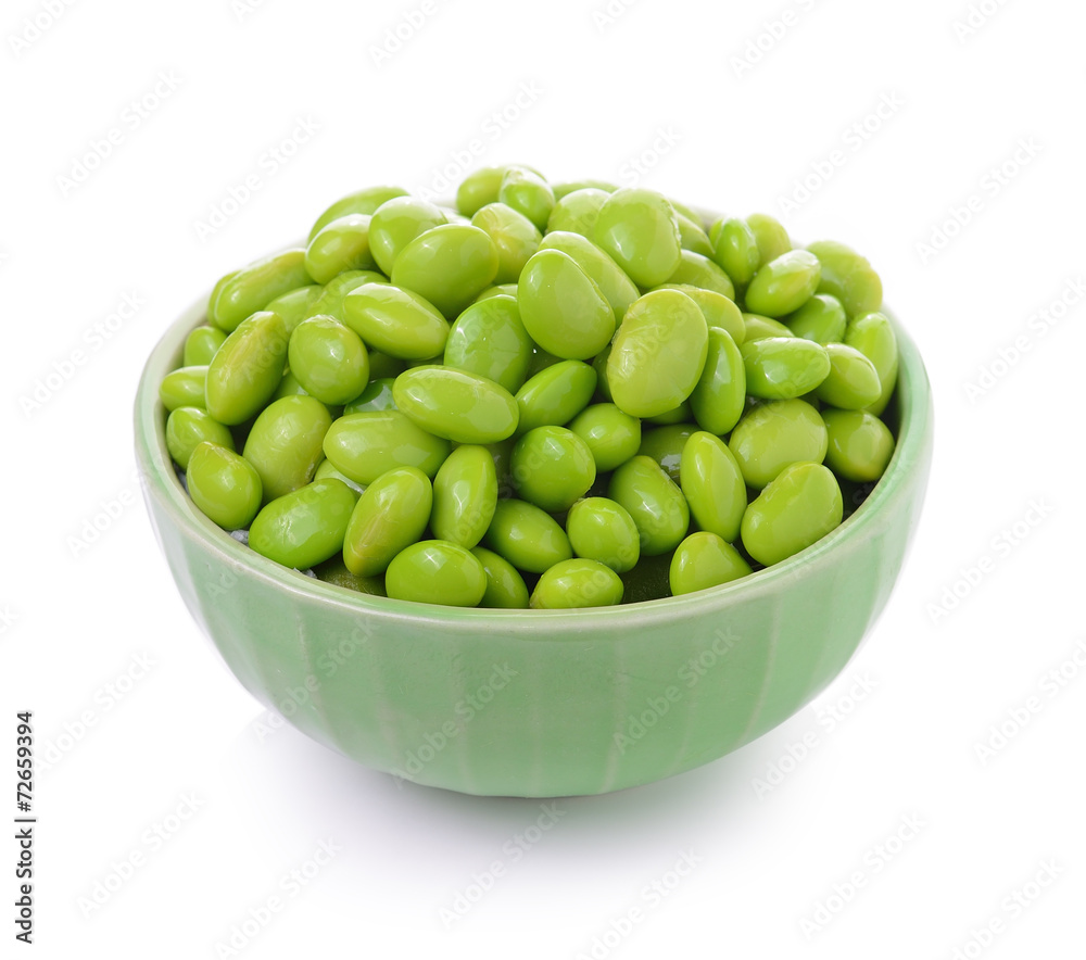 green soy beans in bowls on white background green soy beans in bowls on white background