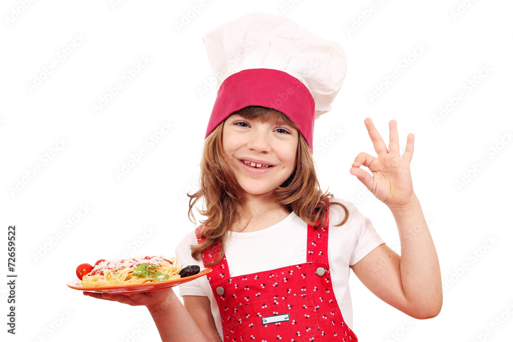happy little girl cook with spaghetti and ok hand sign happy little girl cook with spaghetti and ok hand sign