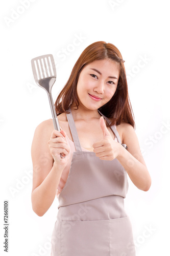 cooking woman giving thumb up to you, white isolated background