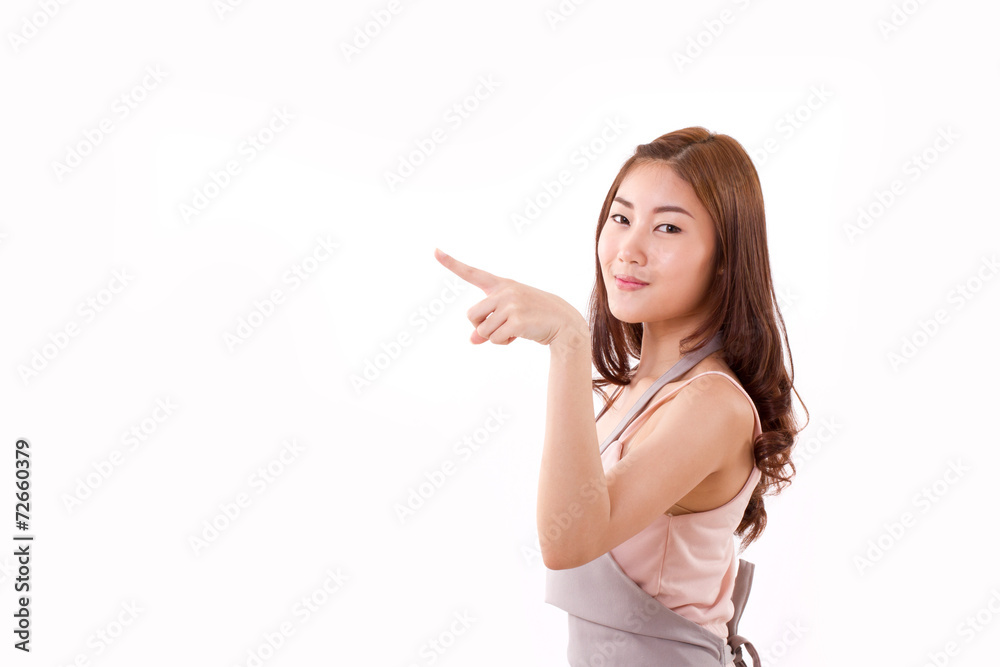 cooking woman pointing at blank space cooking woman pointing at blank space