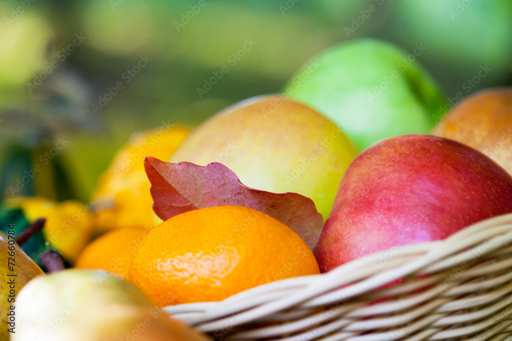 Apples, mandarines and pears in the basket