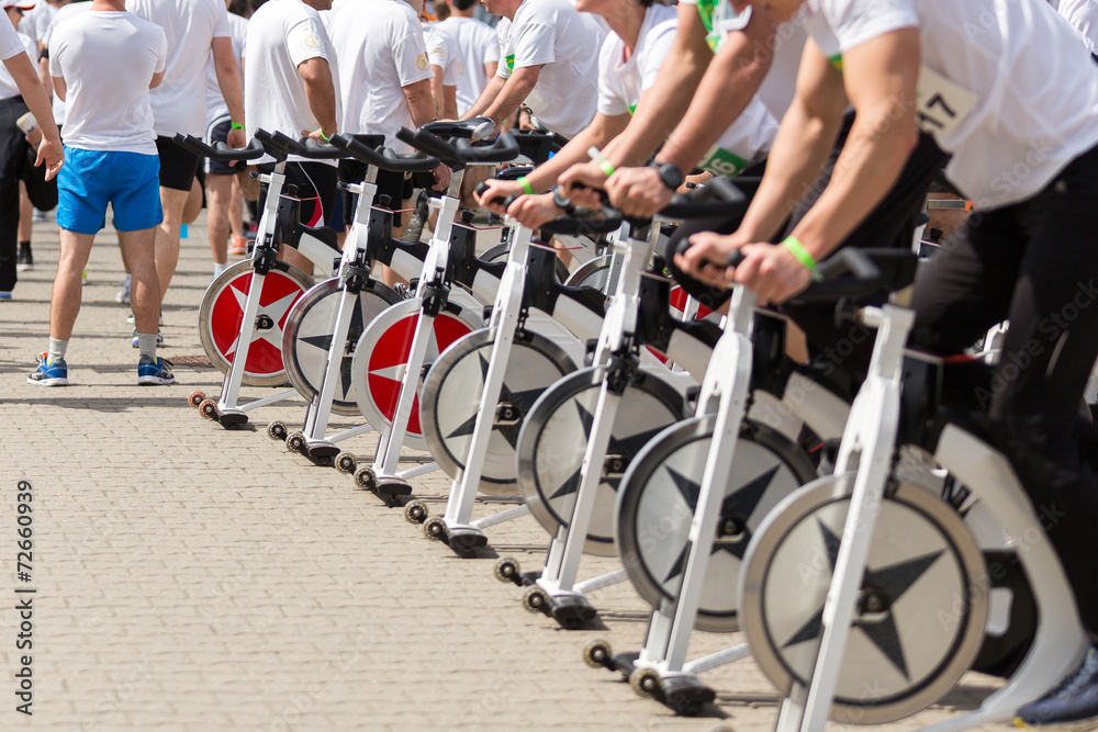 Fototapeta premium Stationary Spinning bicycles outdoor in sunny day