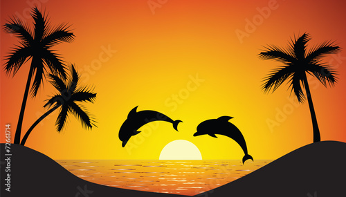 dolphin jumping up from the ocean at sunset