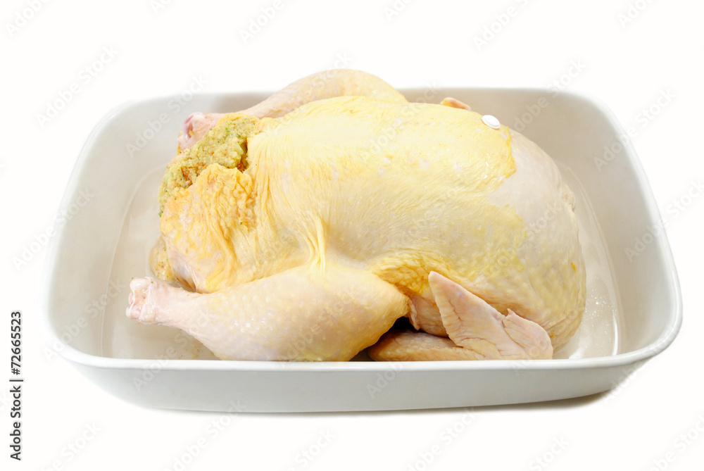 Stuffed Whole CHicken in a White Roasting Pan