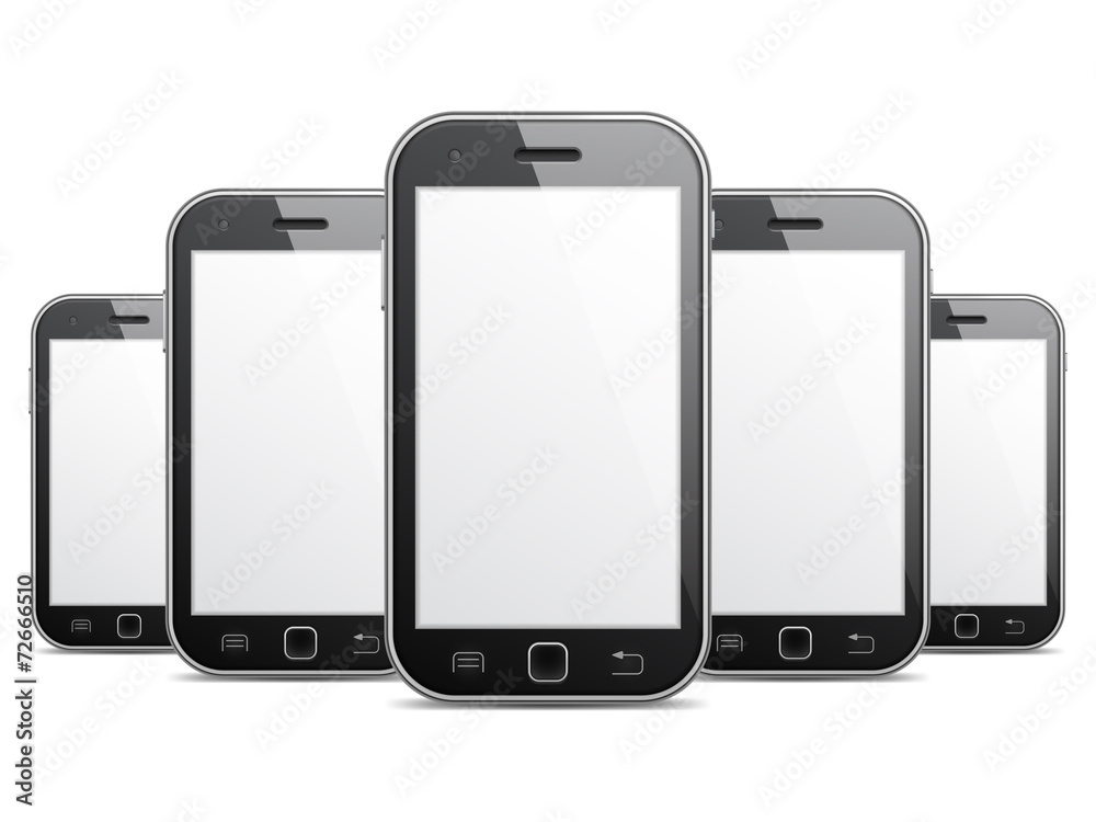 Row of black mobile phones with blank screens. Row of black mobile phones with blank screens.