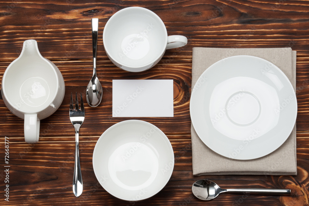 Kitchenware On Folded Natural Linen Napkin. Blank Card Mock Up. Kitchenware On Folded Natural Linen Napkin. Blank Card Mock Up.