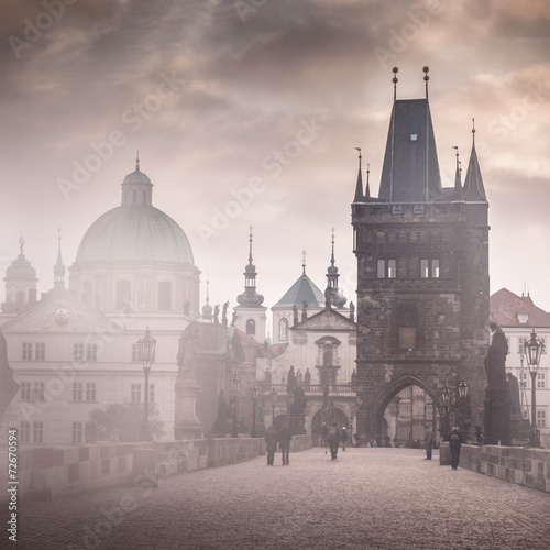 Photography Charles Bridge misty morning, Prague