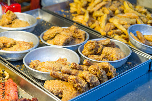 Fried chicken and squid at traditional market in Taiwan