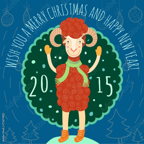 Merry Christmas card with happy ram sheep.