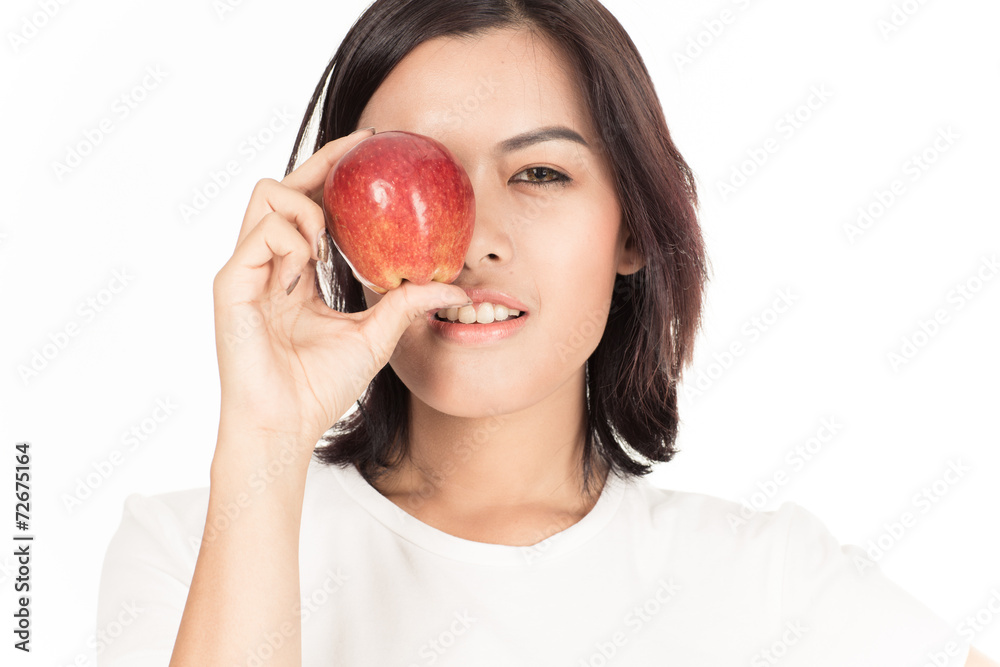 Smiling woman with apple isolated on white Smiling woman with apple isolated on white