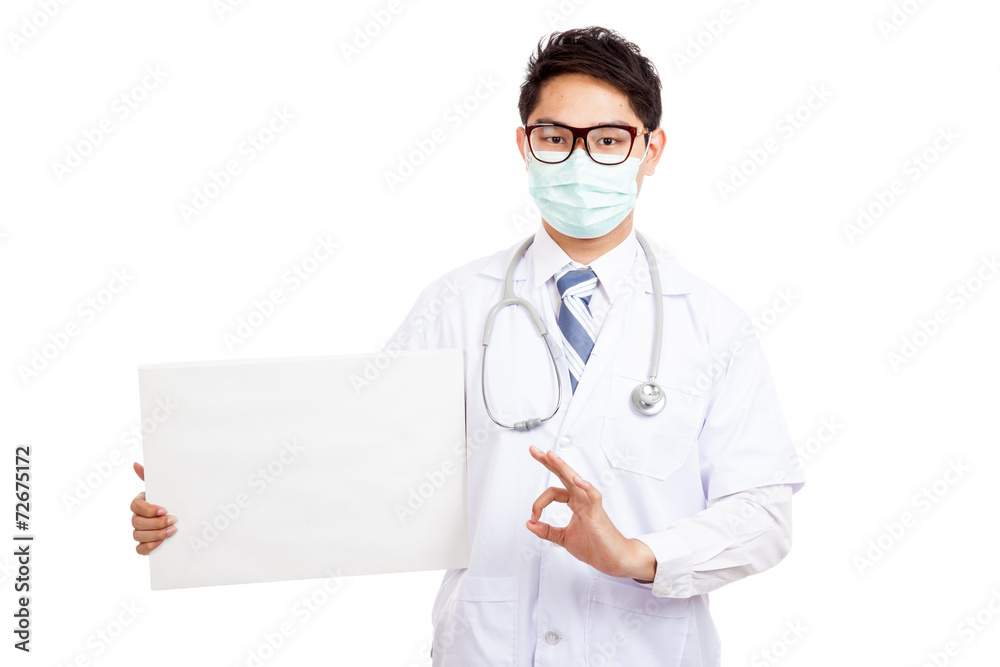 Asian male doctor wear mask show OK with blank banner Asian male doctor wear mask show OK with blank banner