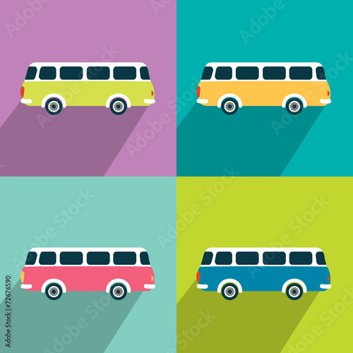Retro bus concept paper vintage card. Flat design.
