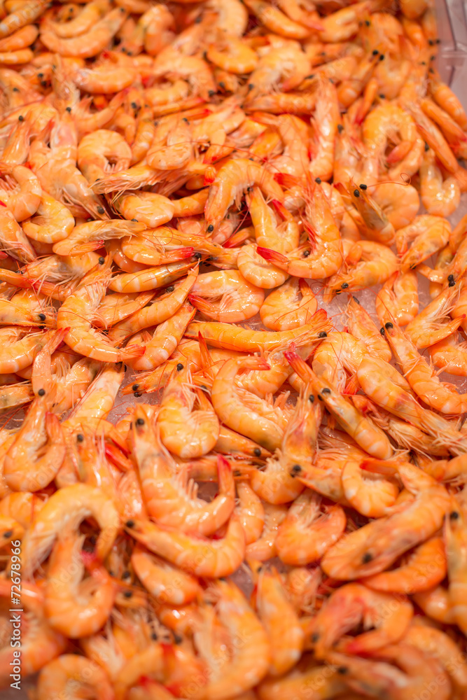 Pile of raw shrimps in fish market. Pile of raw shrimps in fish market.