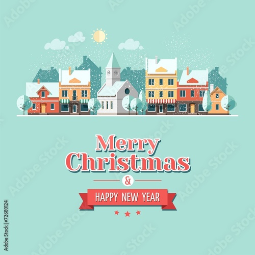 Christmas city greeting card - snowy street.