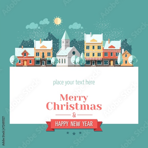Christmas city greeting card - snowy street.