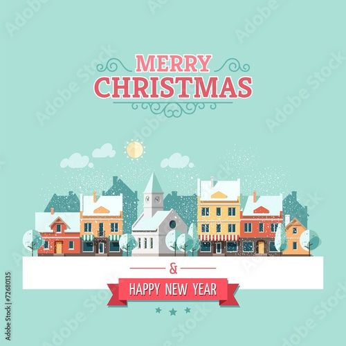 Christmas city greeting card - snowy street.