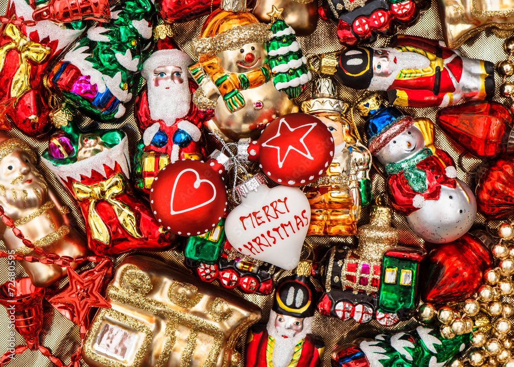 colorful christmas baubles, toys and garlands