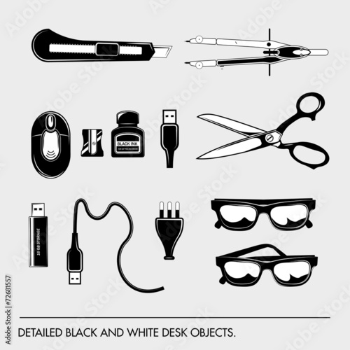 Detailed black and white desk tools isolated on background