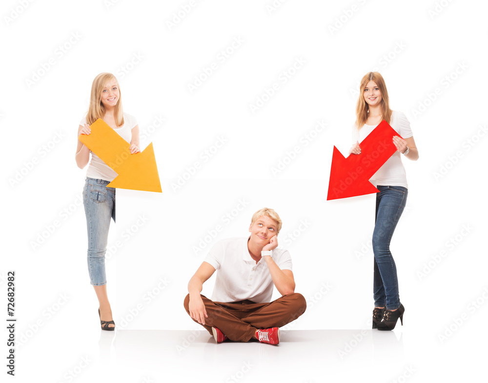 Teenagers with a blank, white billboard isolated on white