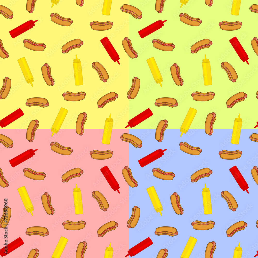 Seamless pattern with hot dogs and bottles