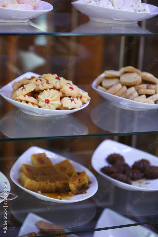 Tasty desserts in pastry shop