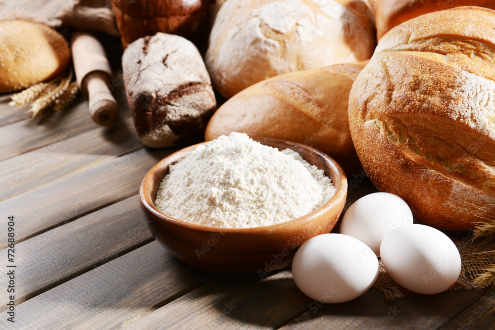 Fresh bread on table close-up