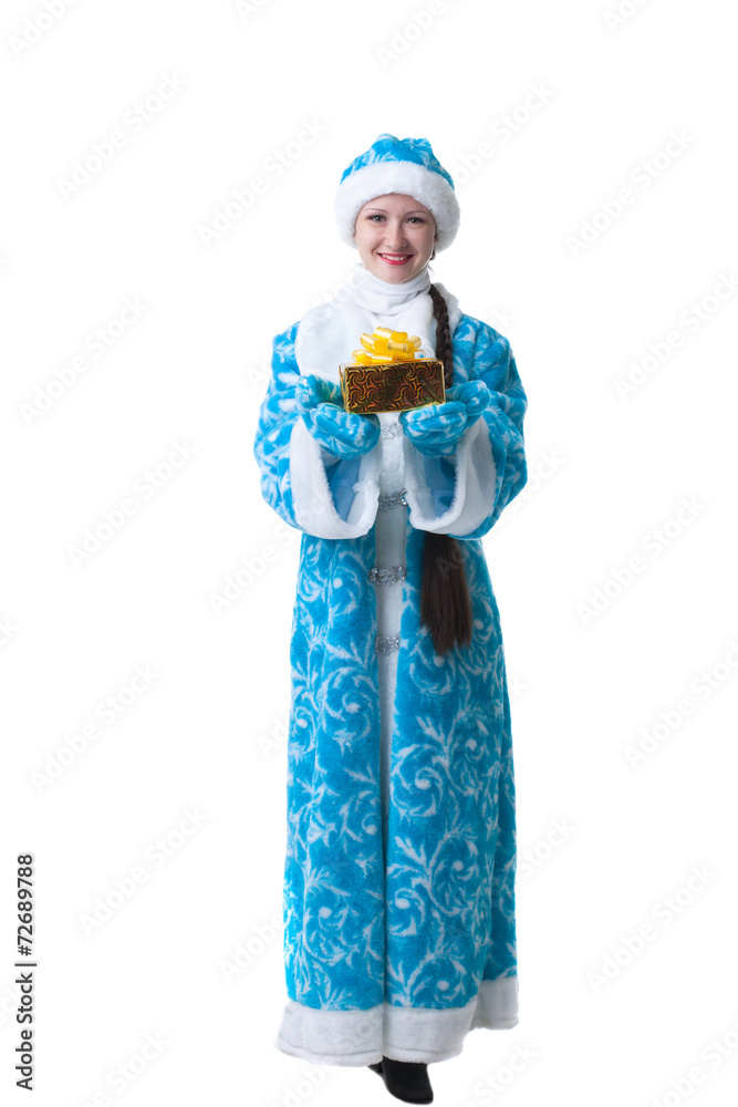 Adorable Snow Maiden with gift, isolated on white