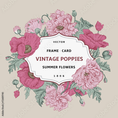 Fototapeta Naklejka Na Ścianę i Meble -  Vintage floral frame with pink poppies